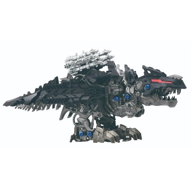  Black Zoid dinosaur toy with missile launcher on its back, standing.