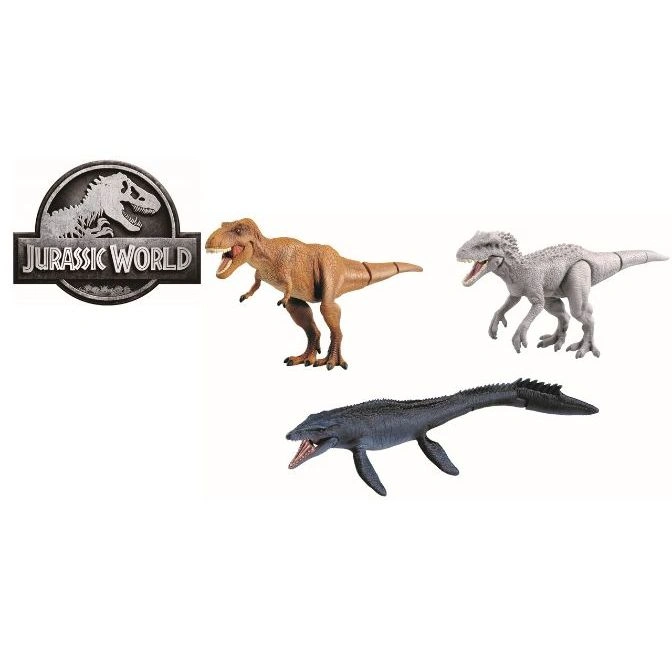 Jurassic World dinosaur toy set: T-Rex, Indominus Rex, and Mosasaurus figures.