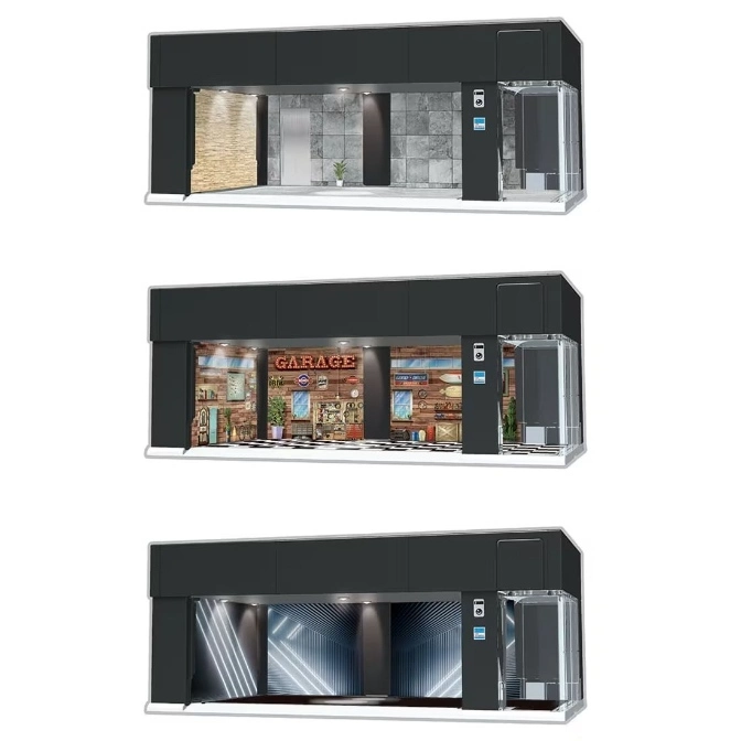  Three-story toy garage with different themes: modern, vintage, and futuristic, showcasing various interior designs.