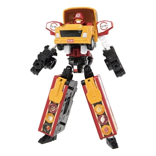 Sushi truck transformer toy robot with yellow cab, red torso, and sushi-themed legs.