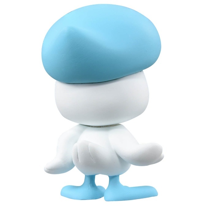 Blue and white duck toy figurine with a rounded body and blue beret.
