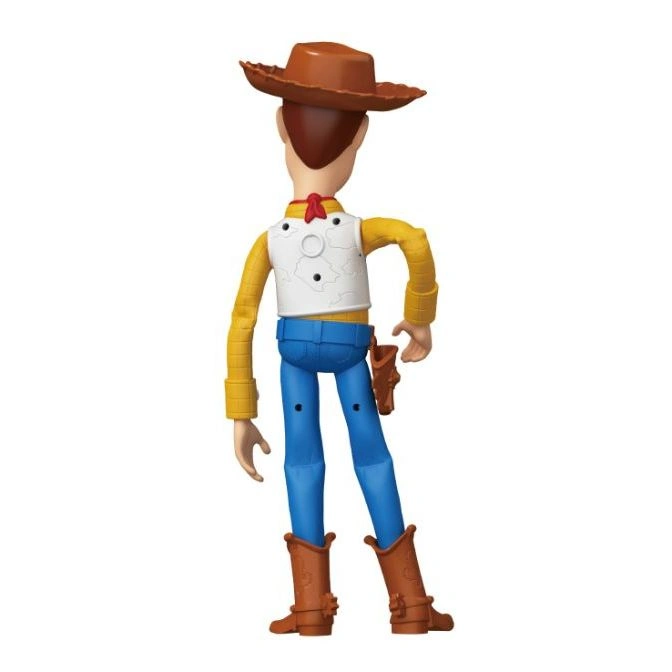  Woody doll from Toy Story, back view, wearing hat, vest, and boots.