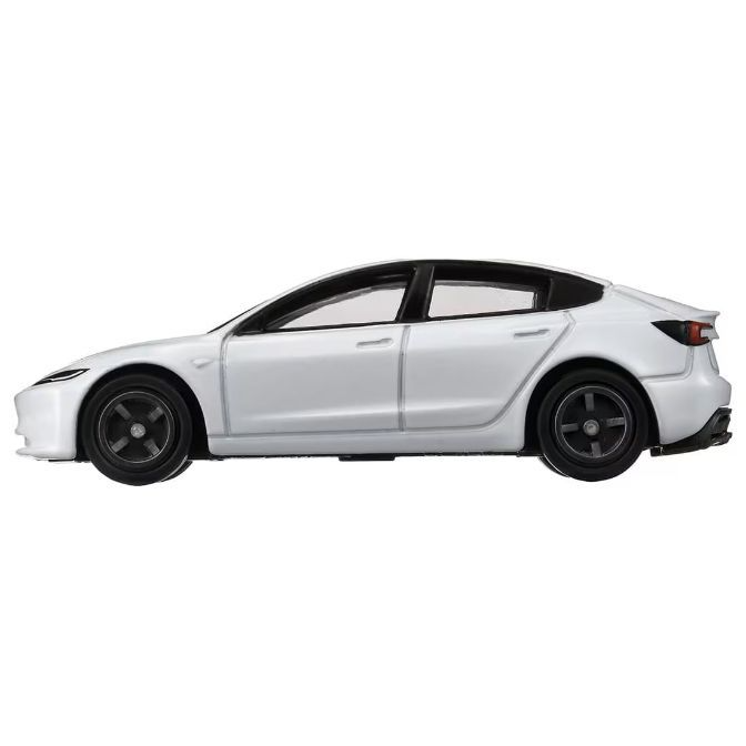  White Tesla Model 3 toy car, side view, black wheels.