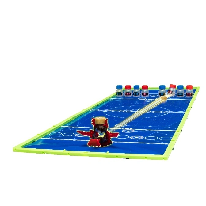  Toy bowling set with a red and gold figure launching a ball at the pins.