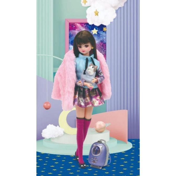  Fashion doll with pink coat, cat carrier backpack, and pet cat.