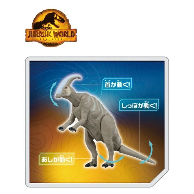  Parasaurolophus toy with moving head, legs, and tail, displayed in packaging with Jurassic World logo.