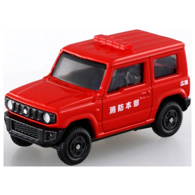  Red toy fire truck with Japanese writing on the side and black wheels.