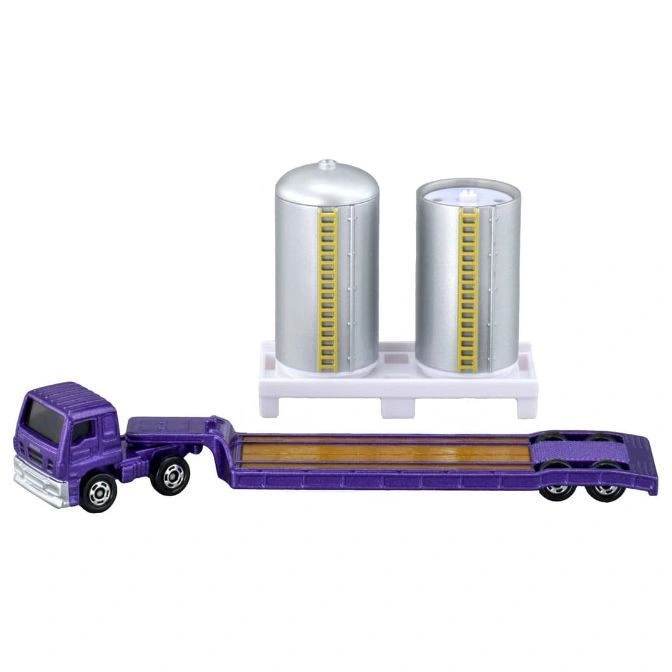  Purple toy truck with flatbed trailer carrying two silver silos on a white platform.