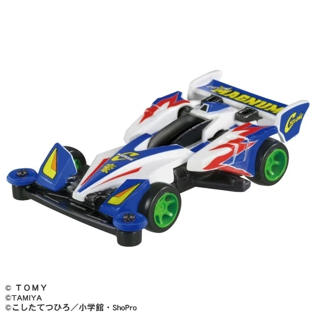Blue and white Cyclone Magnum Mini 4WD racing toy car with green wheels.