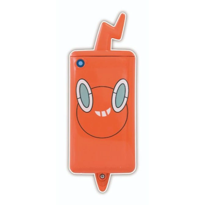 Orange Rotom phone case with lightning bolt antenna and cartoon face.