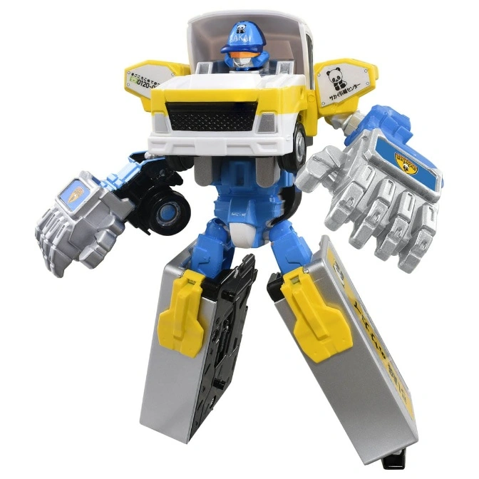 Robot toy with truck parts: yellow cab, silver legs, blue joints, and large silver hands.