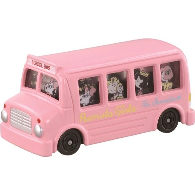 Pink toy school bus with Peanuts characters visible in the windows and "Peanuts Girls" printed on the side.