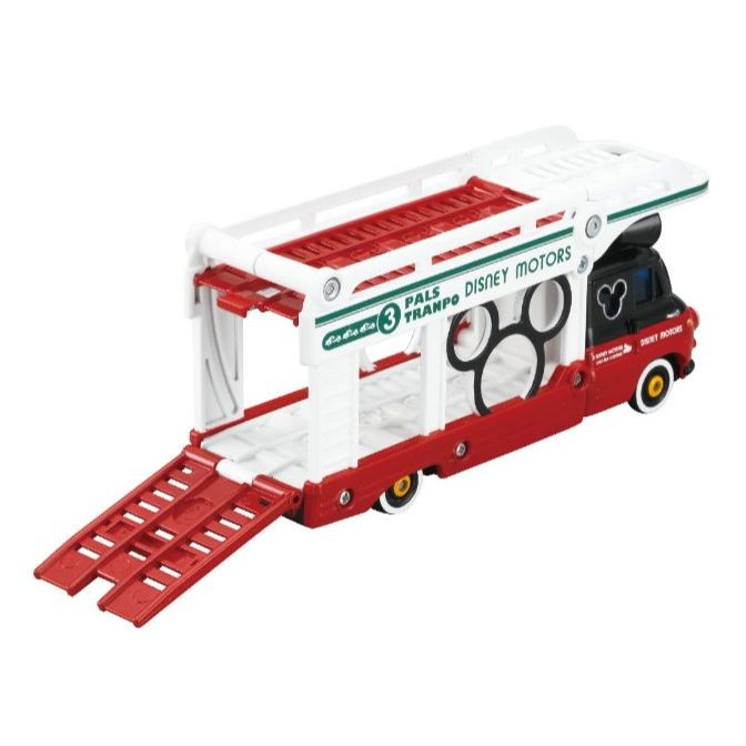  Disney Motors car carrier toy with ramp extended, red and white.