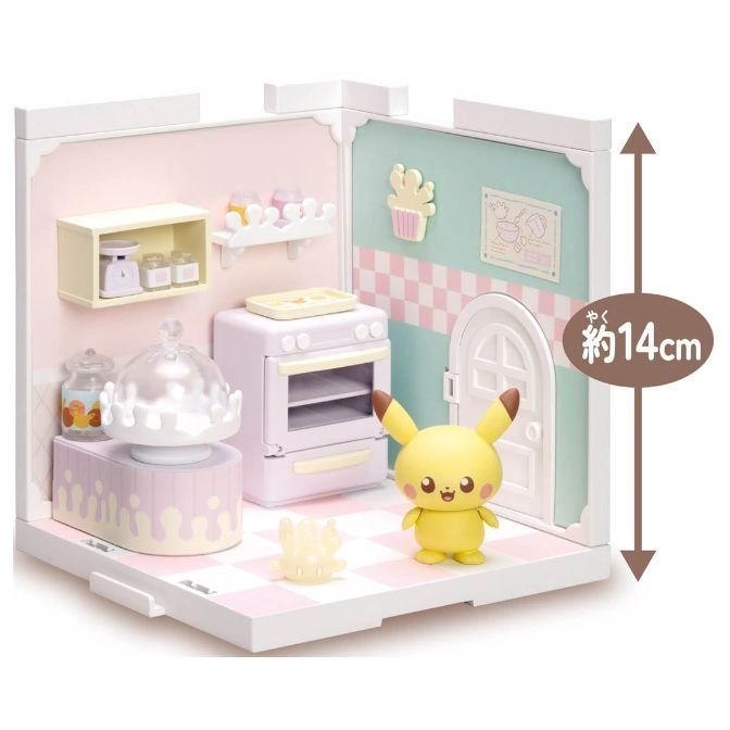  Pikachu playset: kitchen with oven, cake stand, and figure. Pink and mint color scheme.