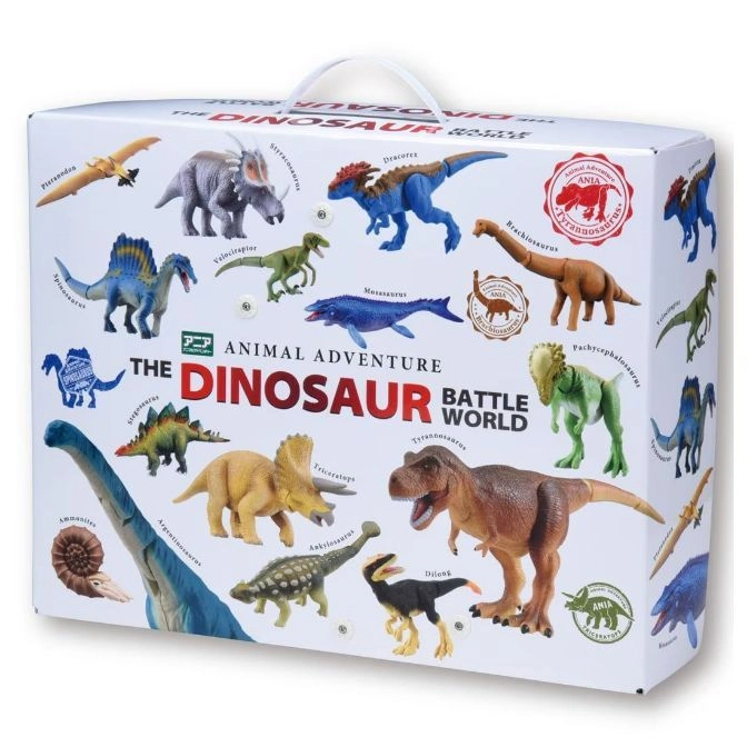  Dinosaur Battle World toy set box featuring various dinosaur figures and their names.