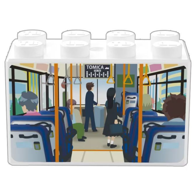  Tomica bus building block toy with passengers inside, white top, and blue seats.