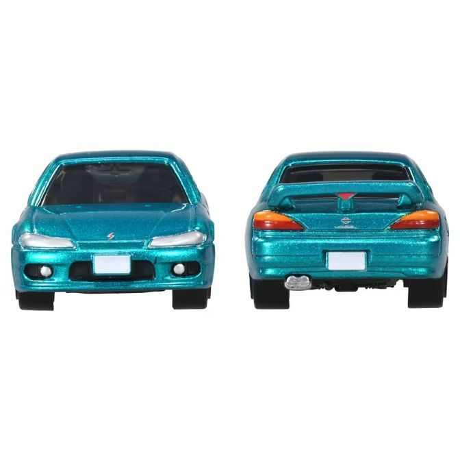  Teal toy car, front and back views. Features include spoiler, headlights, and exhaust.