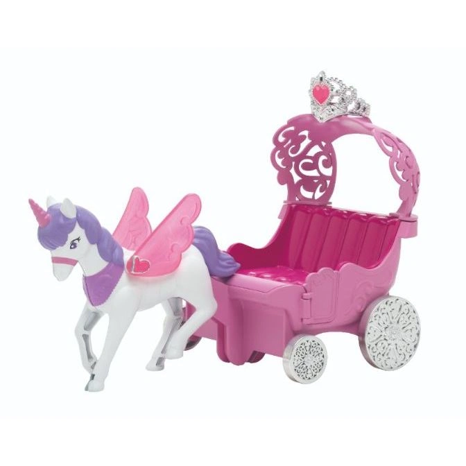 Pink toy carriage with a white unicorn toy with purple mane and wings.