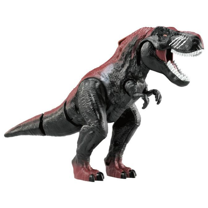  Black and red Tyrannosaurus Rex toy with an open mouth showing white teeth.