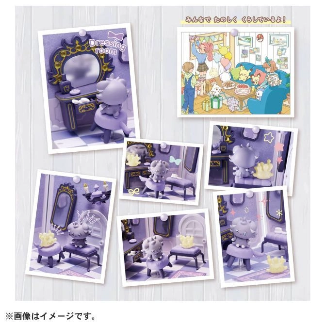  Purple toy figure in various dressing room scenes pinned to a wall.