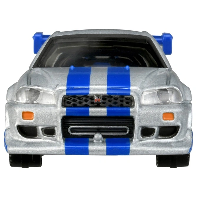  Silver toy car with blue stripes and spoiler.