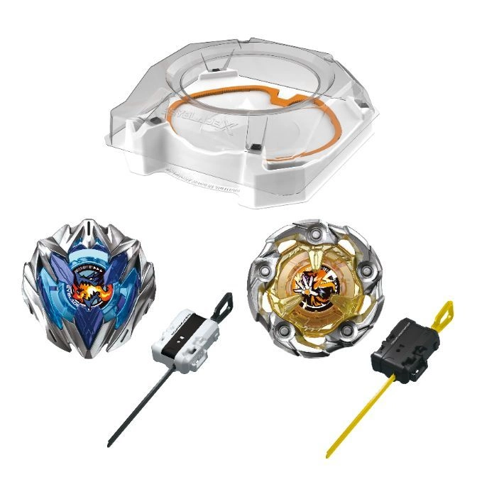 Beyblade X set: stadium, two tops, and launchers. Ready for battle!