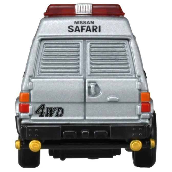  Silver Nissan Safari toy car rear view with 4WD label and red light bar.