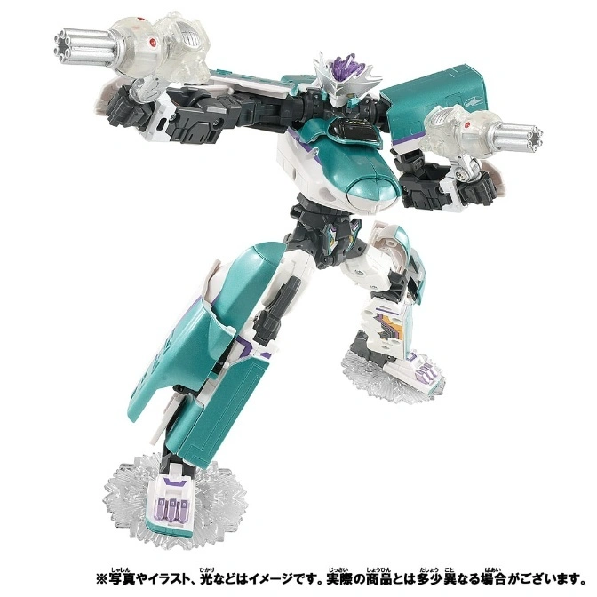  Green and white transforming robot toy holding clear Gatling guns in a dynamic pose on a clear stand.
