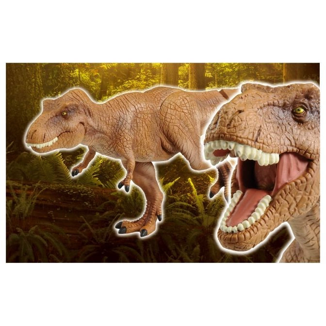  Two brown T-Rex dinosaur toys, one roaring, in a jungle setting.