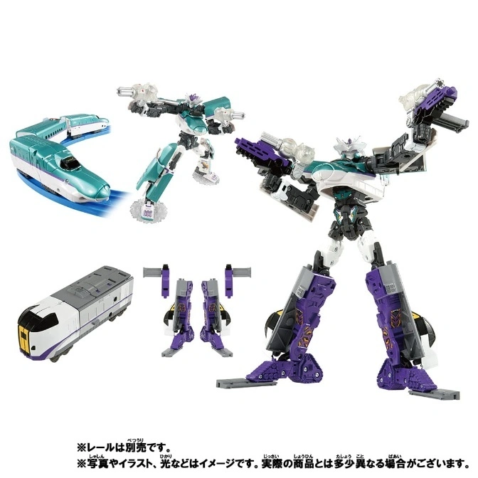  Toy train transforms into a robot with purple and green accents, showcasing its transformation.