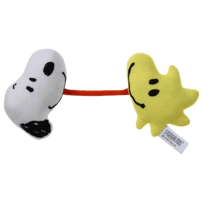 Snoopy and Woodstock plush toy connected by a red string.