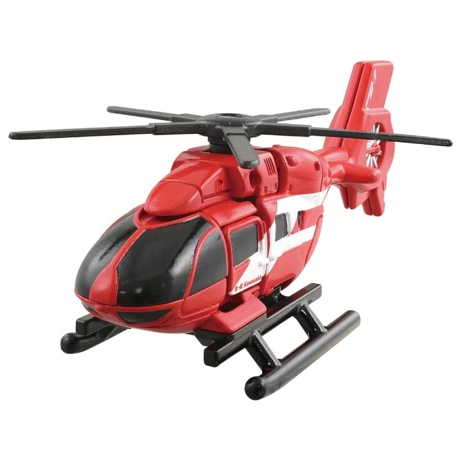  Red toy helicopter with black rotor blades and landing skids, featuring white stripes.
