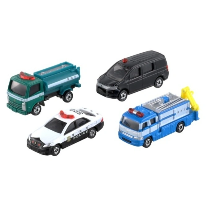 Four toy emergency vehicles: water truck, van, police car, and tow truck.
