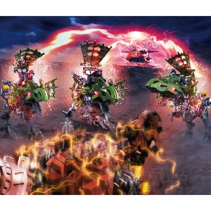  Dinosaur robot toys with riders in a battle scene, featuring lightning effects and detailed mechanical designs.
