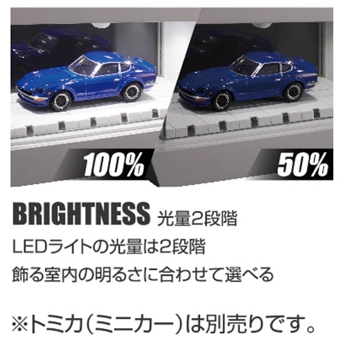  Blue toy car display with brightness settings: 100% and 50%.
