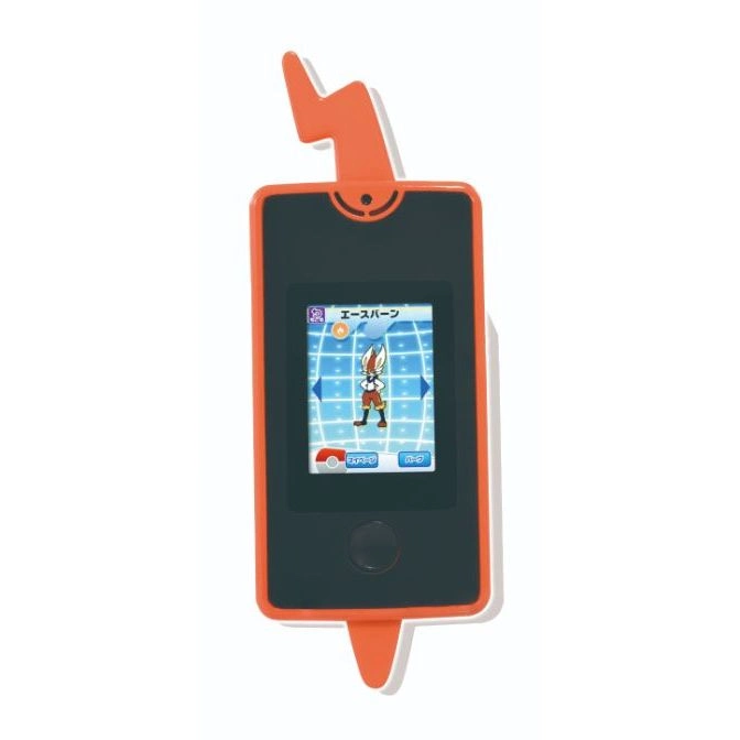  Orange Pokémon toy with screen showing Cinderace character and lightning bolt design.