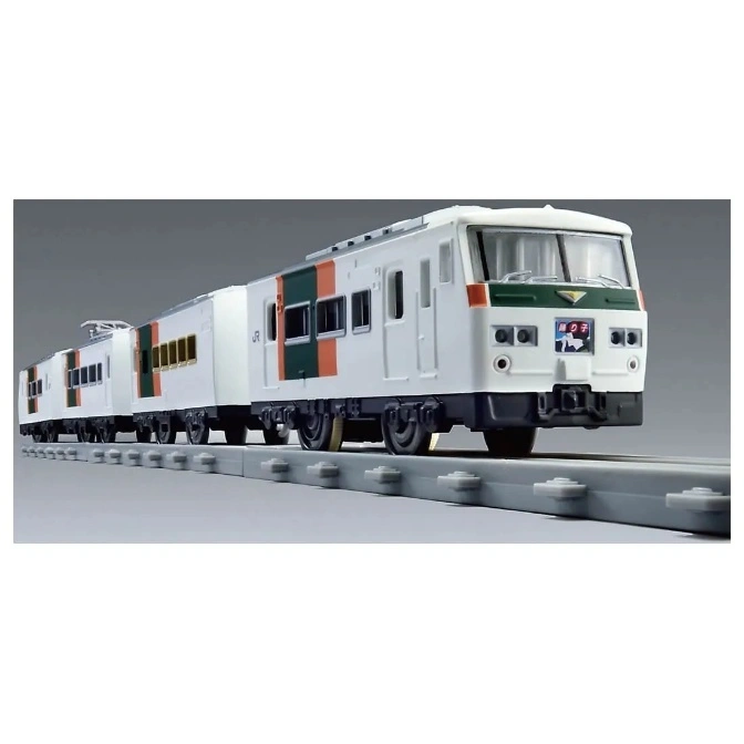 Toy train with white, green, and orange stripes on a gray track.