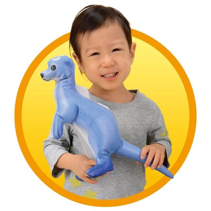  Child holding a blue inflatable kangaroo toy with a yellow circular background.