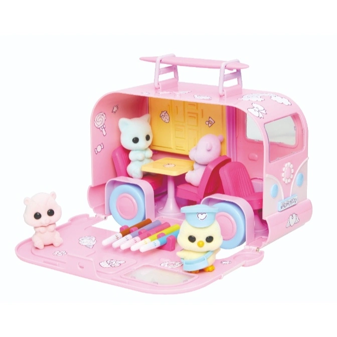  Pink toy campervan playset with animal figures, table, chairs, and art supplies.