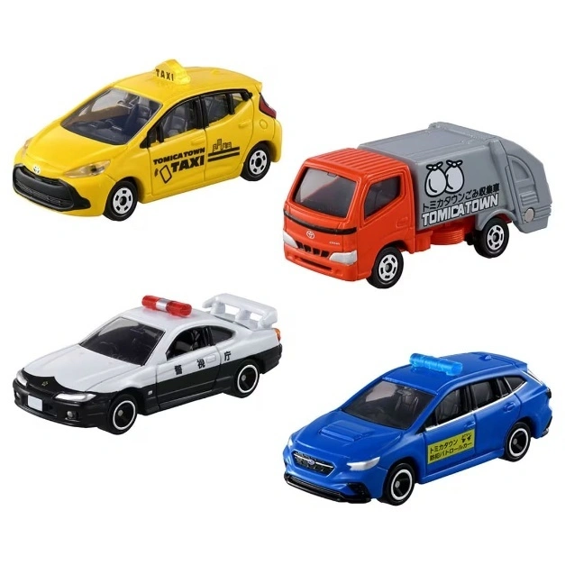 Four Tomica Town toy vehicles: taxi, garbage truck, police car, and patrol car.