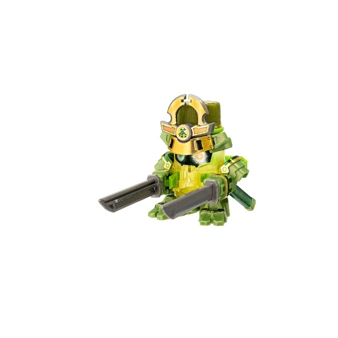  Green and gold toy robot samurai with swords, made from a tea bottle.
