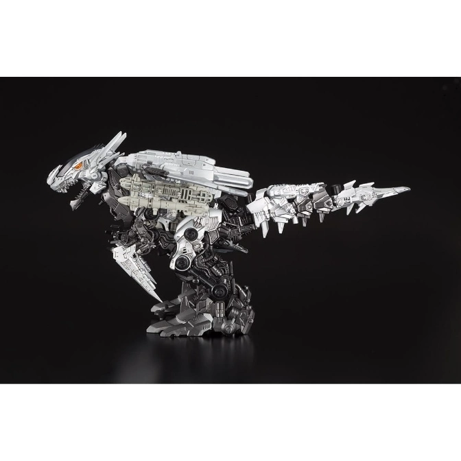  Silver robotic dinosaur toy with intricate mechanical details and a menacing pose.