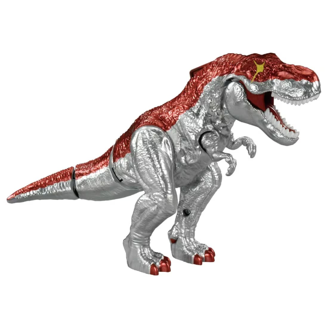  Silver T-Rex toy with red accents, mouth open, in a standing pose.