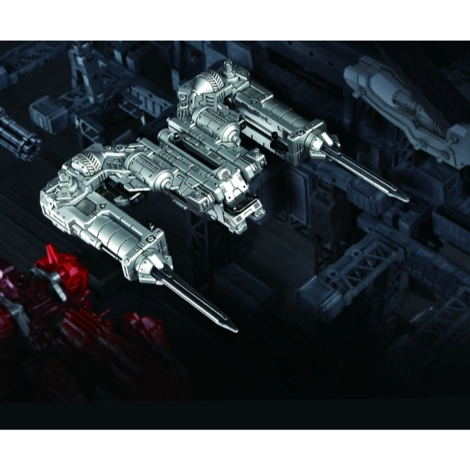  Silver toy spaceship with drill-like front, set against a dark, industrial background.