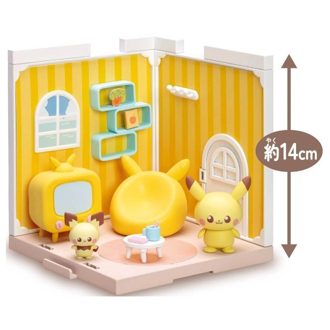  Pikachu playset with furniture and figures. Yellow striped walls and a pink base.