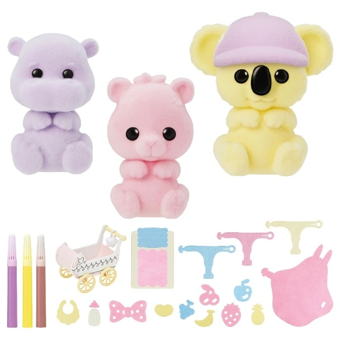  Flocked animal toy set: hippo, bear, koala with accessories, markers, stroller, clothes, and food.