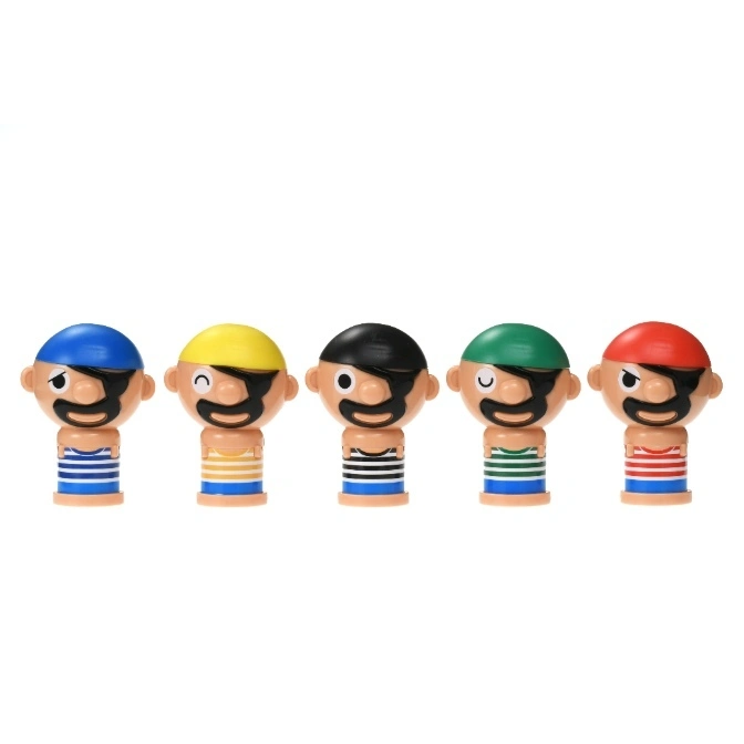  Five pirate toys with different colored hats and striped shirts stand in a row.