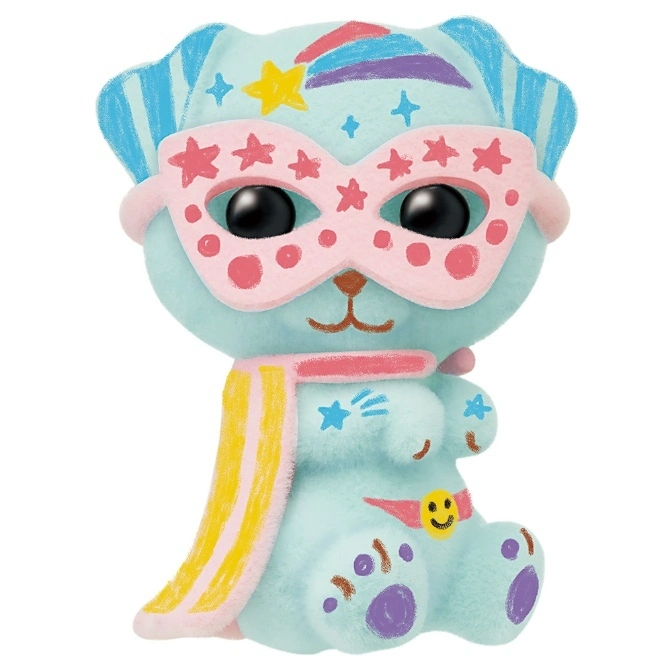  Blue plush toy bear wearing a pink star mask and cape with a smiley face belt buckle.