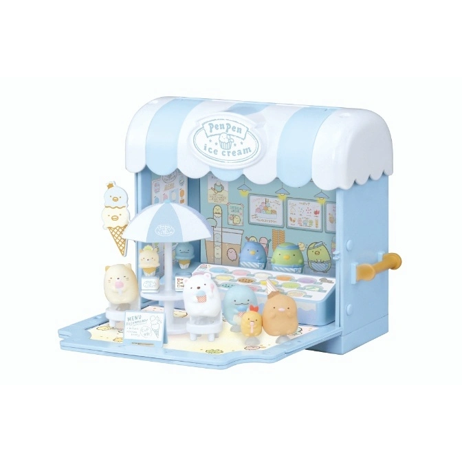 Sumikko Gurashi PenPen Ice Cream Shop playset with figures, table, and menu board.