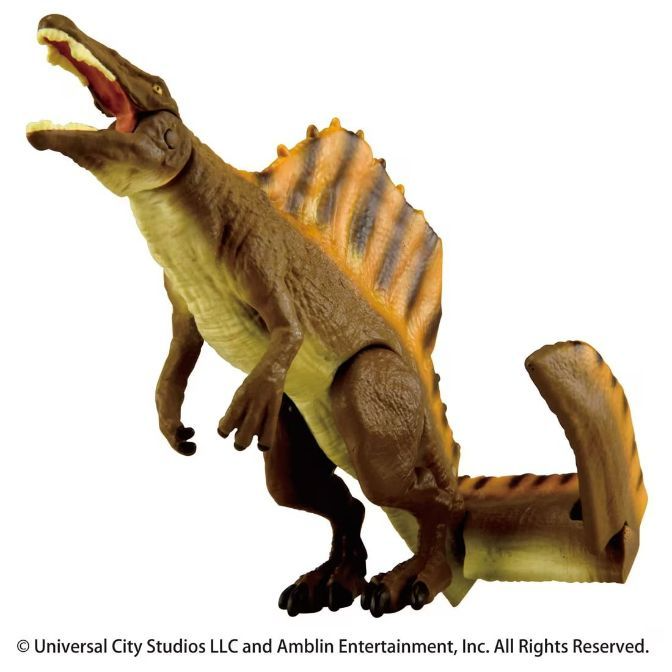 Spinosaurus toy with brown body, striped sail, and open mouth.
